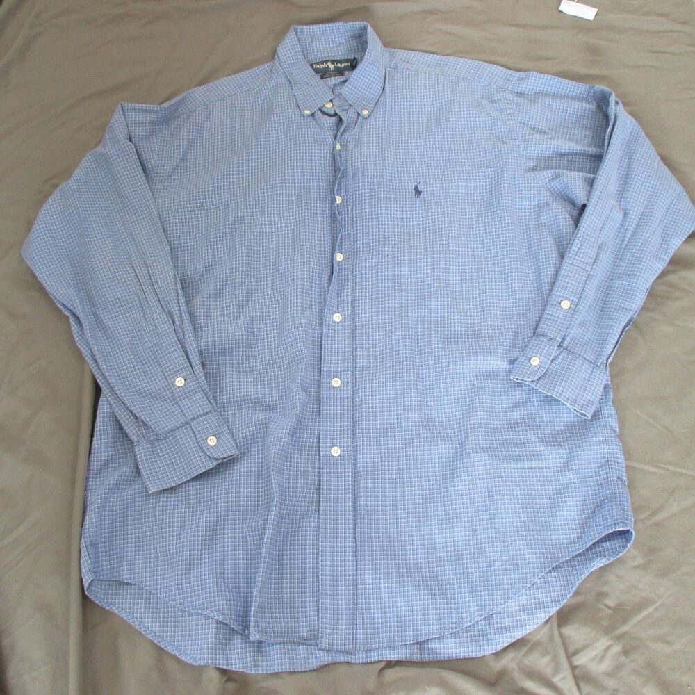 Ralph Lauren Shirt Mens 2XL Blue Check Long Sleeve Button Up Classic Blake‎